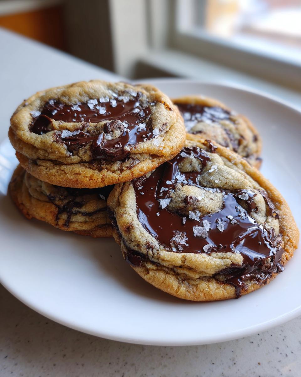 Close-up of decadent chocolate chip cookie stack topped with melted chocolate and flaky sea salt.