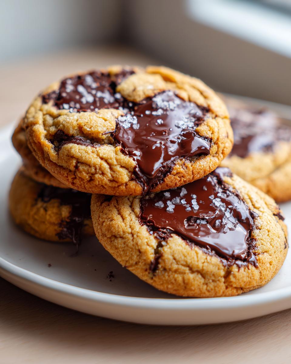 Close-up of several amazing chocolate chip cookie rounds topped with melted chocolate and flaky sea salt.