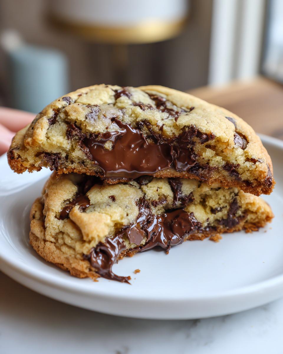 Close-up of amazing chocolate chip cookies broken in half, showing a molten, gooey chocolate center.