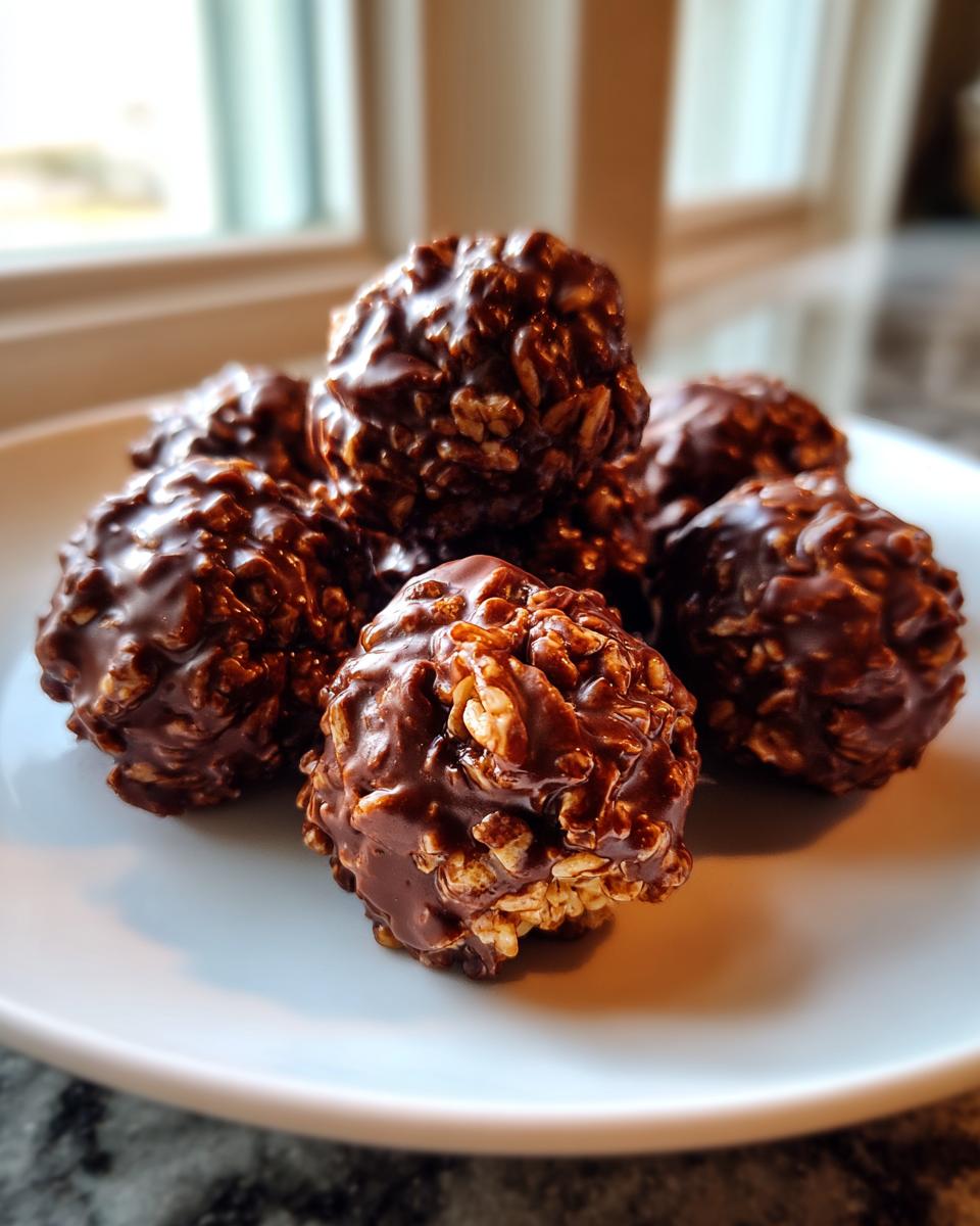 A close-up shot of several glossy chocolate rice krispie balls stacked on a white plate.