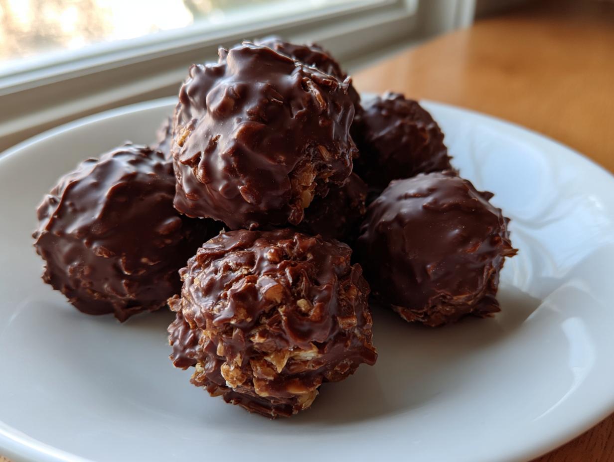 A close-up of several amazing chocolate rice krispie balls coated in rich, textured chocolate, resting on a white plate.