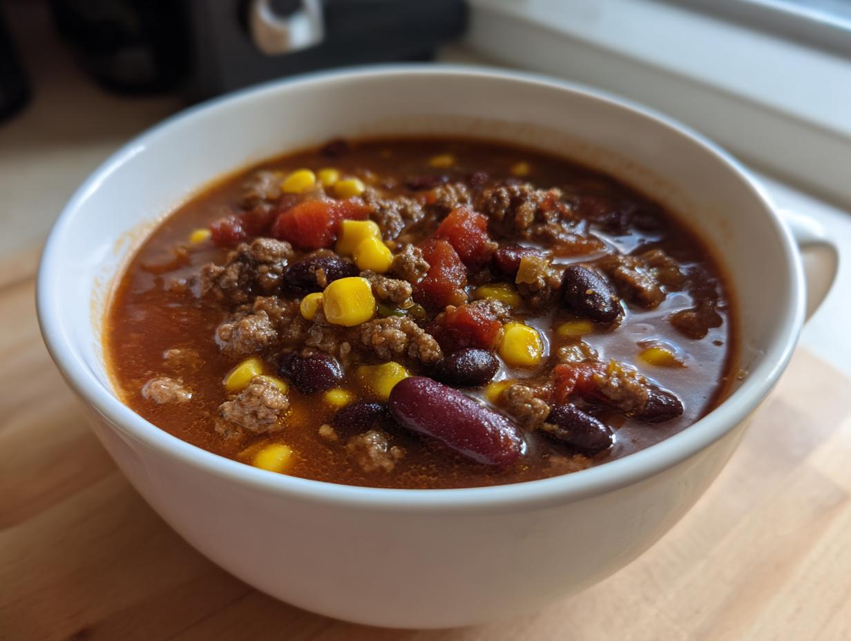 Close-up of a white bowl filled with rich, hearty cowboy soup featuring ground beef, kidney beans, corn, and tomatoes.