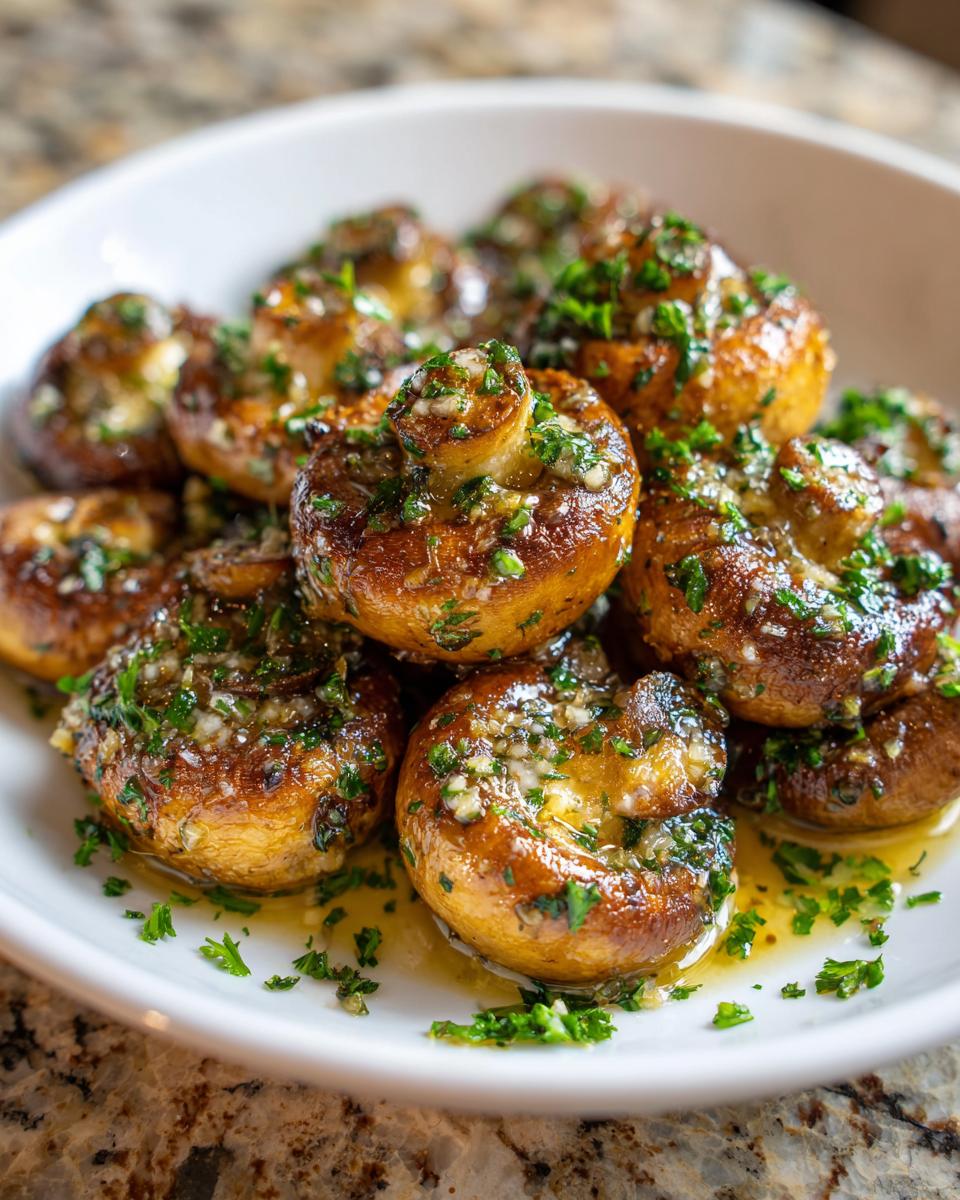A close-up of whole, sautéed garlic butter mushrooms piled high in a white bowl, glistening with butter and herbs.