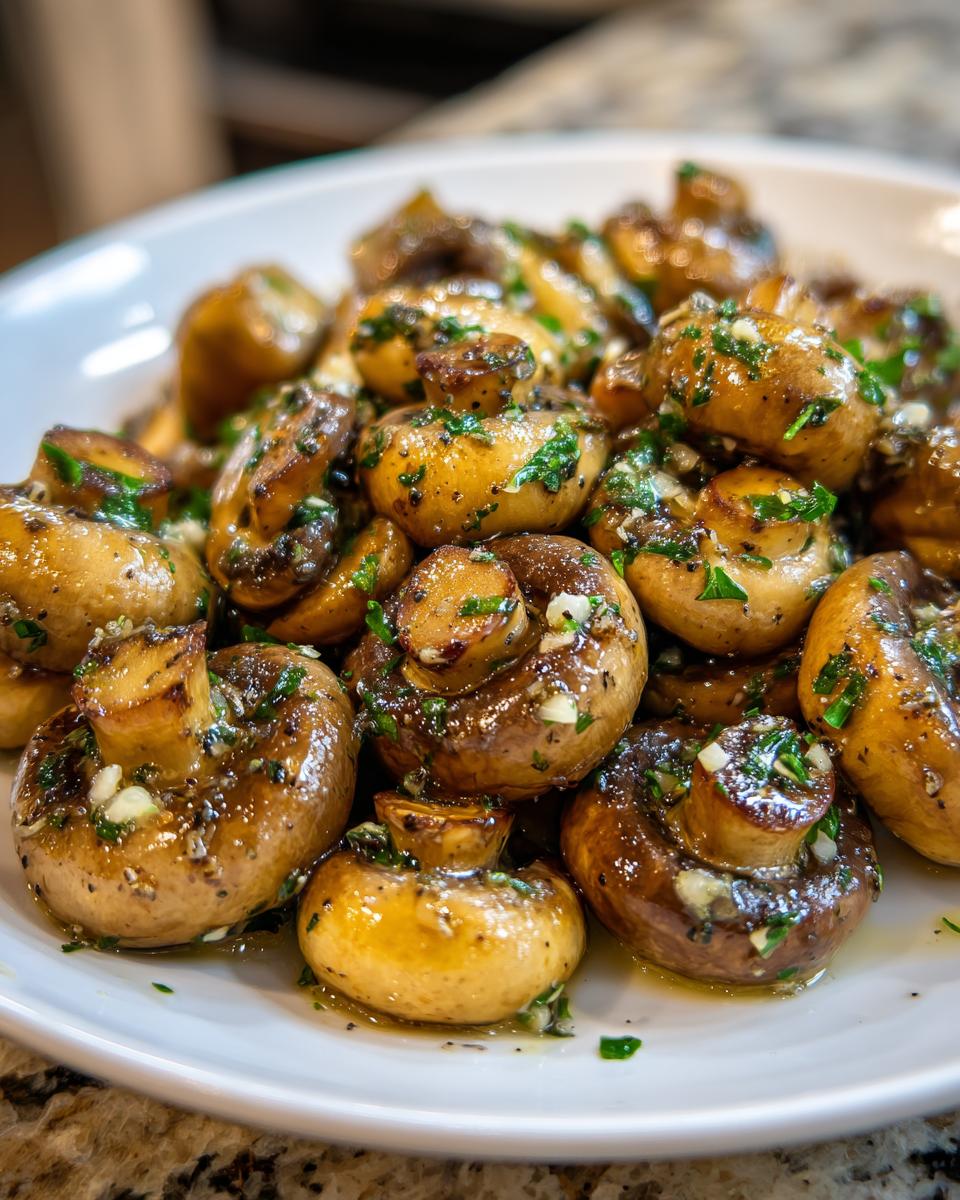 A close-up shot of sautéed whole button mushrooms coated in glossy garlic butter and fresh parsley, ready to serve.