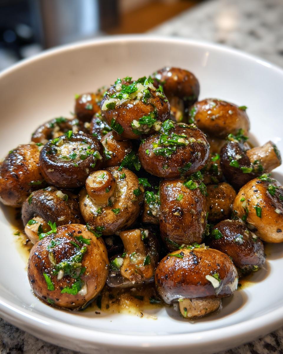 Close-up of whole, sautéed garlic butter mushrooms topped with fresh parsley in a white serving bowl.