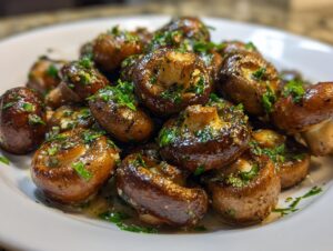 A close-up of sautéed garlic butter mushrooms glistening with sauce and topped with fresh parsley.