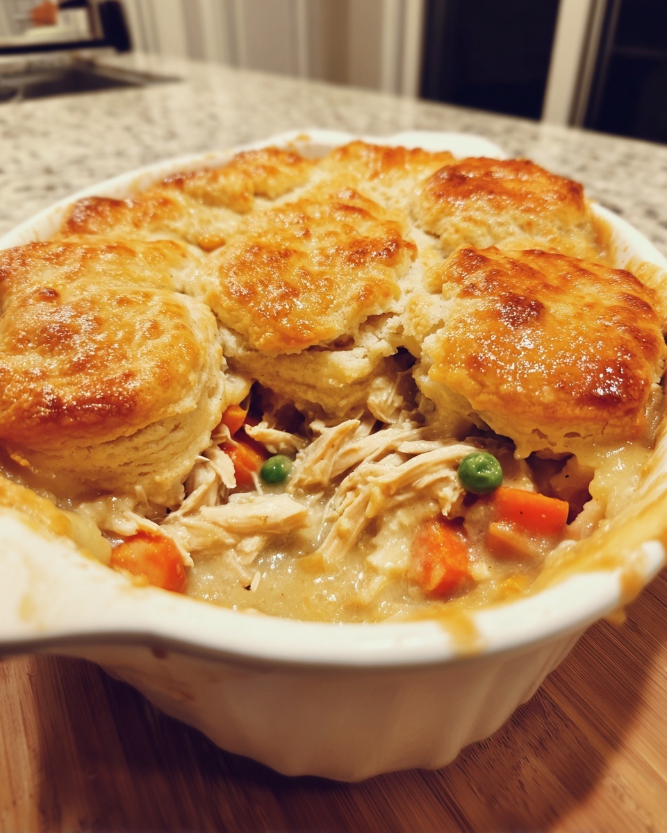 Close-up of a homemade pot pie with golden biscuits lifted to show shredded chicken, carrots, and peas in creamy sauce.