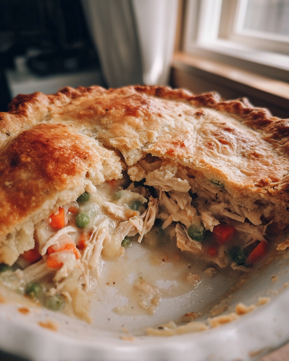 Close-up of a chicken pot pie with a piece removed, showing shredded chicken, carrots, and peas in creamy sauce.