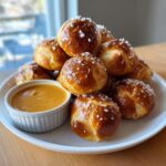 A pile of freshly baked, golden brown pretzel bites sprinkled with coarse salt, served with a side of cheese sauce.