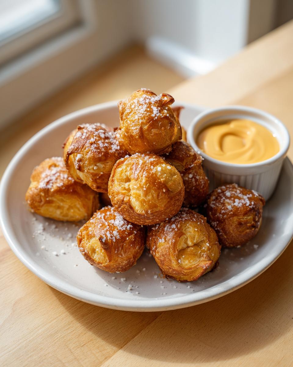 A pile of freshly baked, golden brown pretzel bites sprinkled with coarse salt, served with a side of cheese dipping sauce.