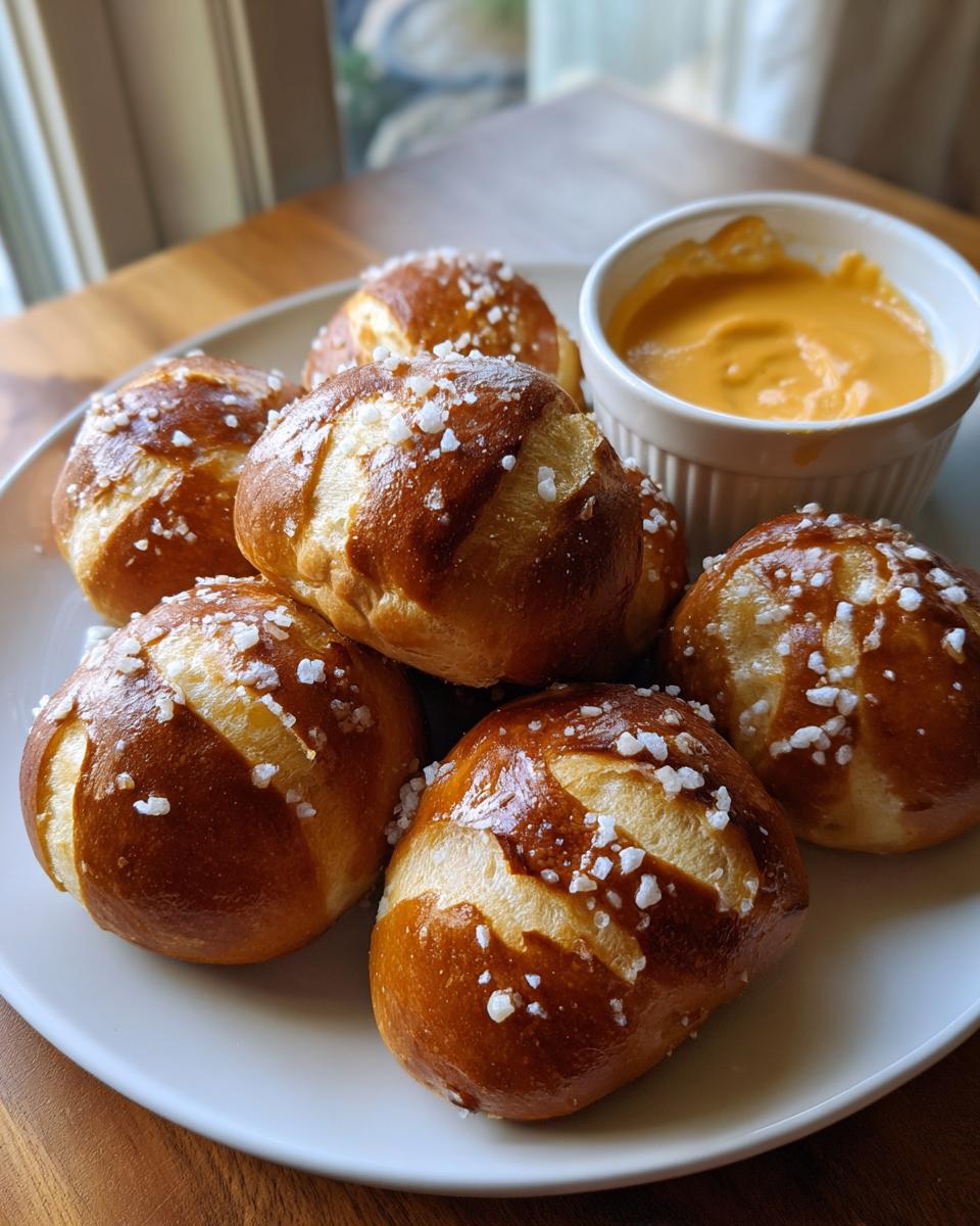 A plate of freshly baked, golden brown pretzel bites sprinkled with coarse salt, next to a ramekin of cheese sauce.