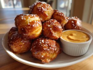 A mound of golden brown, salt-topped pretzel bites served with a side of creamy cheese sauce.