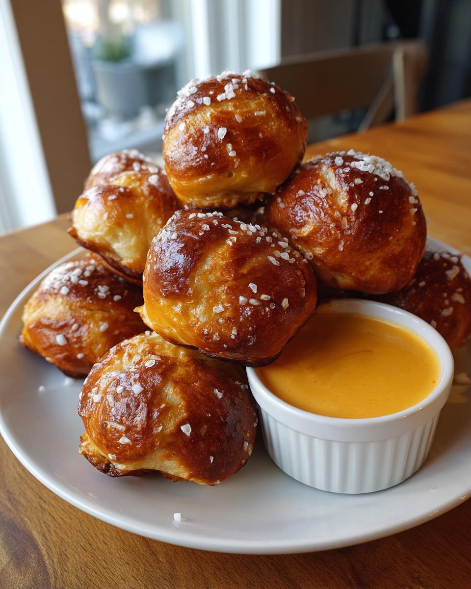 A stack of golden brown, salted pretzel bites served with a side of creamy cheese dipping sauce.