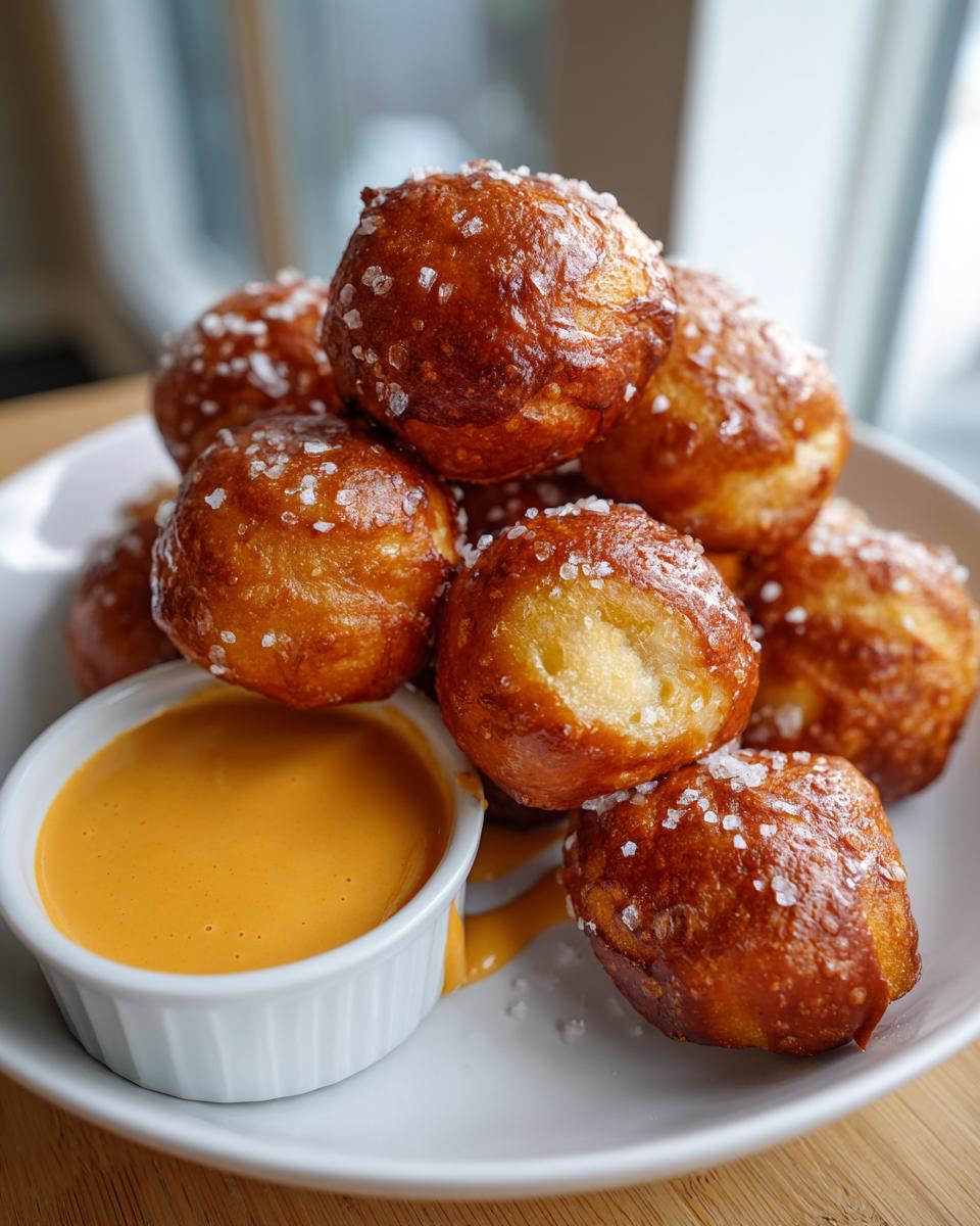 A pile of golden brown, salted pretzel bites served with a side of bright orange cheese dipping sauce.