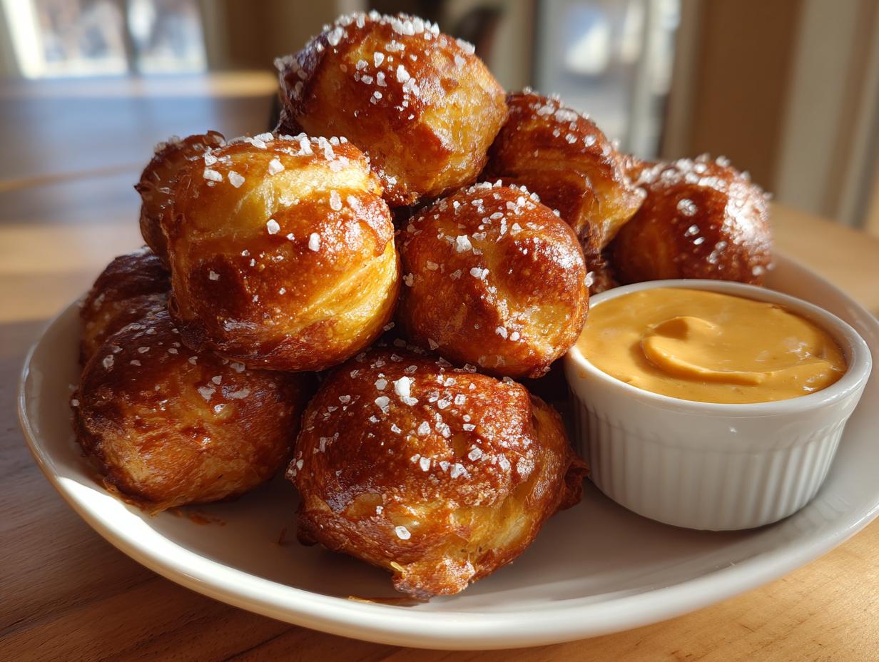 A mound of golden brown, salt-topped pretzel bites served with a side of creamy cheese sauce.