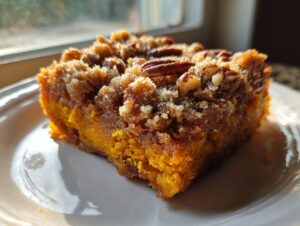 Close-up of a moist slice of pumpkin dump cake topped with streusel and pecans on a white plate.