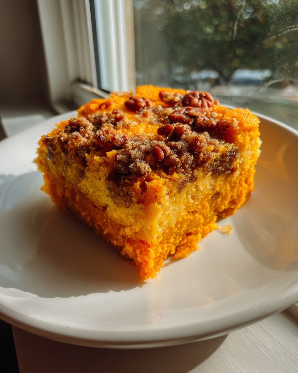 A square slice of bright orange pumpkin dump cake topped with brown sugar crumble and pecans, sitting on a white plate.