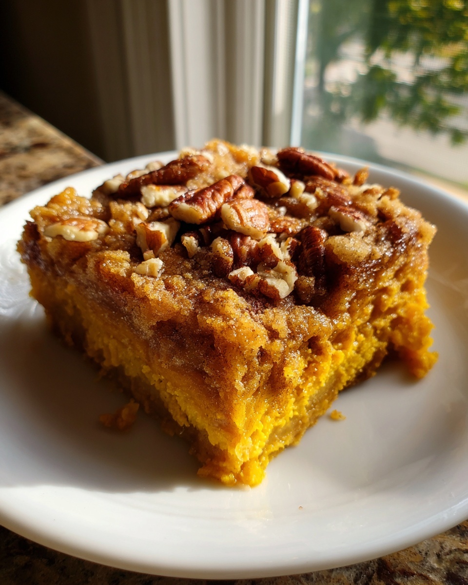A square slice of rich, orange pumpkin dump cake topped with brown sugar crumble and pecans on a white plate.