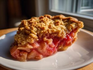 A close-up of a slice of rhubarb crisp showing the bright red, gooey filling and thick, buttery oat topping.