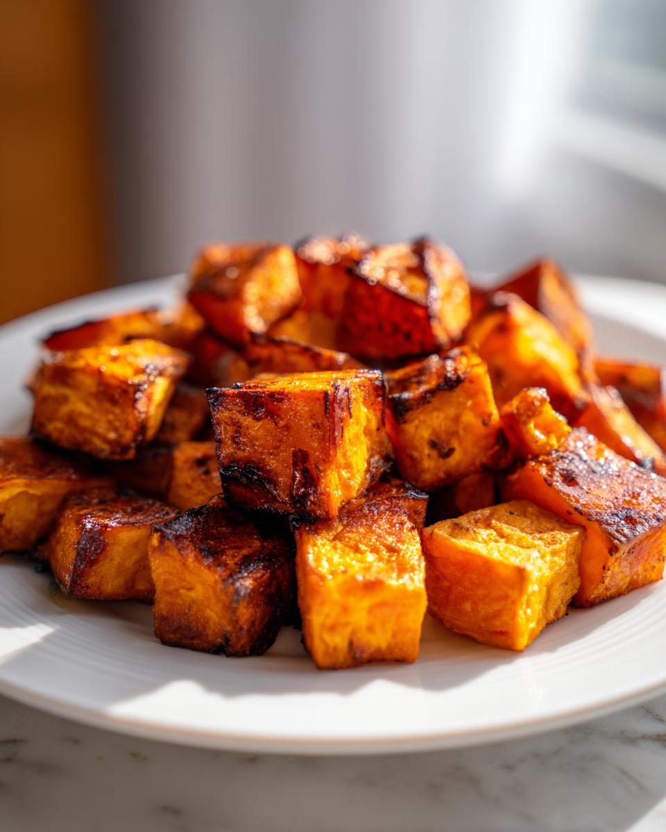 A close-up of caramelized, cubed roasted sweet potatoes piled on a white plate.