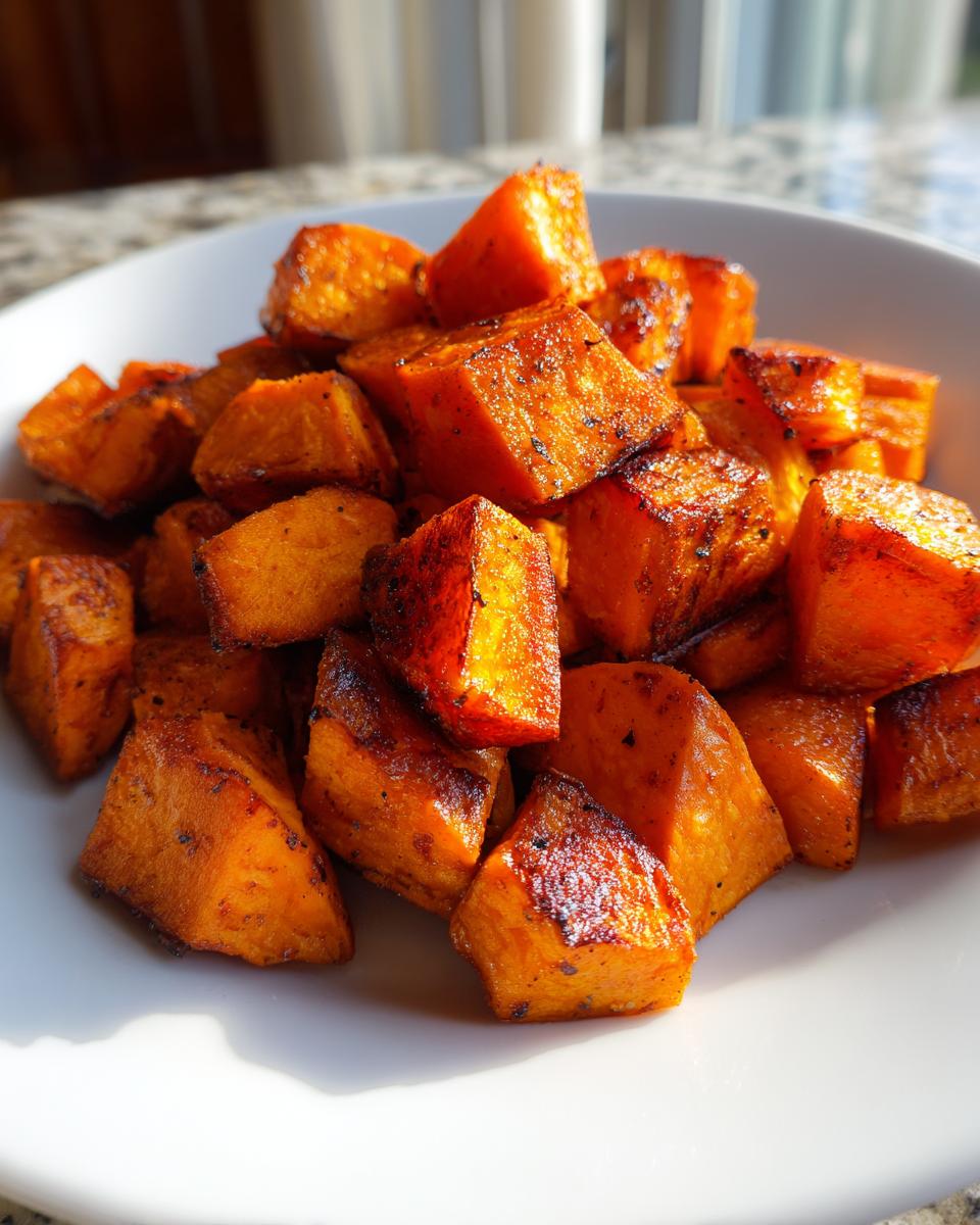 Close-up of perfectly caramelized and seasoned roasted sweet potatoes piled high in a white bowl.