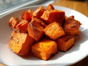 Close-up of perfectly caramelized and seasoned roasted sweet potatoes cubes piled on a white plate.