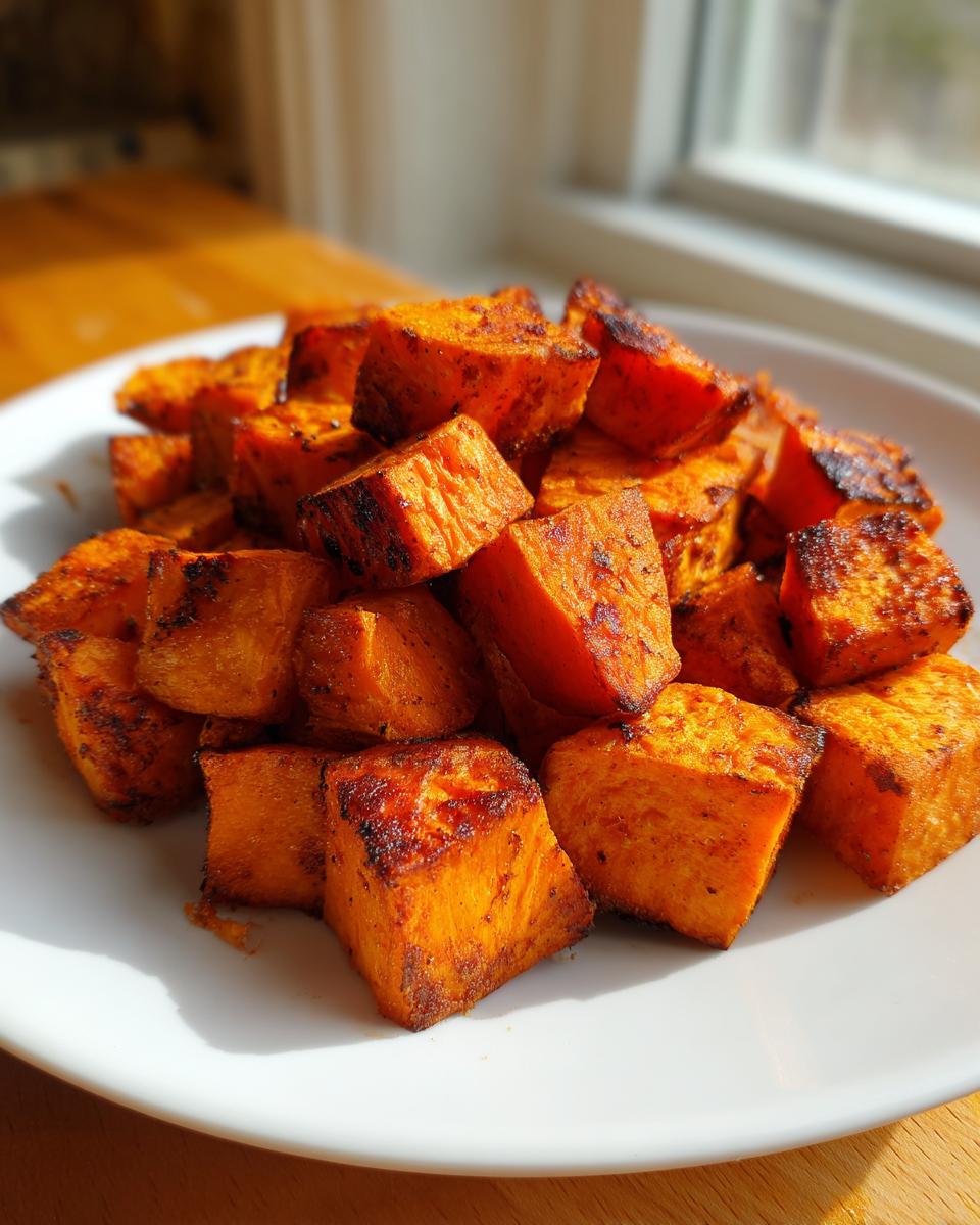 A close-up of perfectly caramelized and seasoned roasted sweet potatoes cubes piled on a white plate.