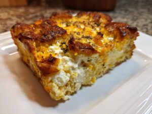 Close-up of a baked slice of amazing squash casserole with a golden-brown, cheesy top and creamy white filling.
