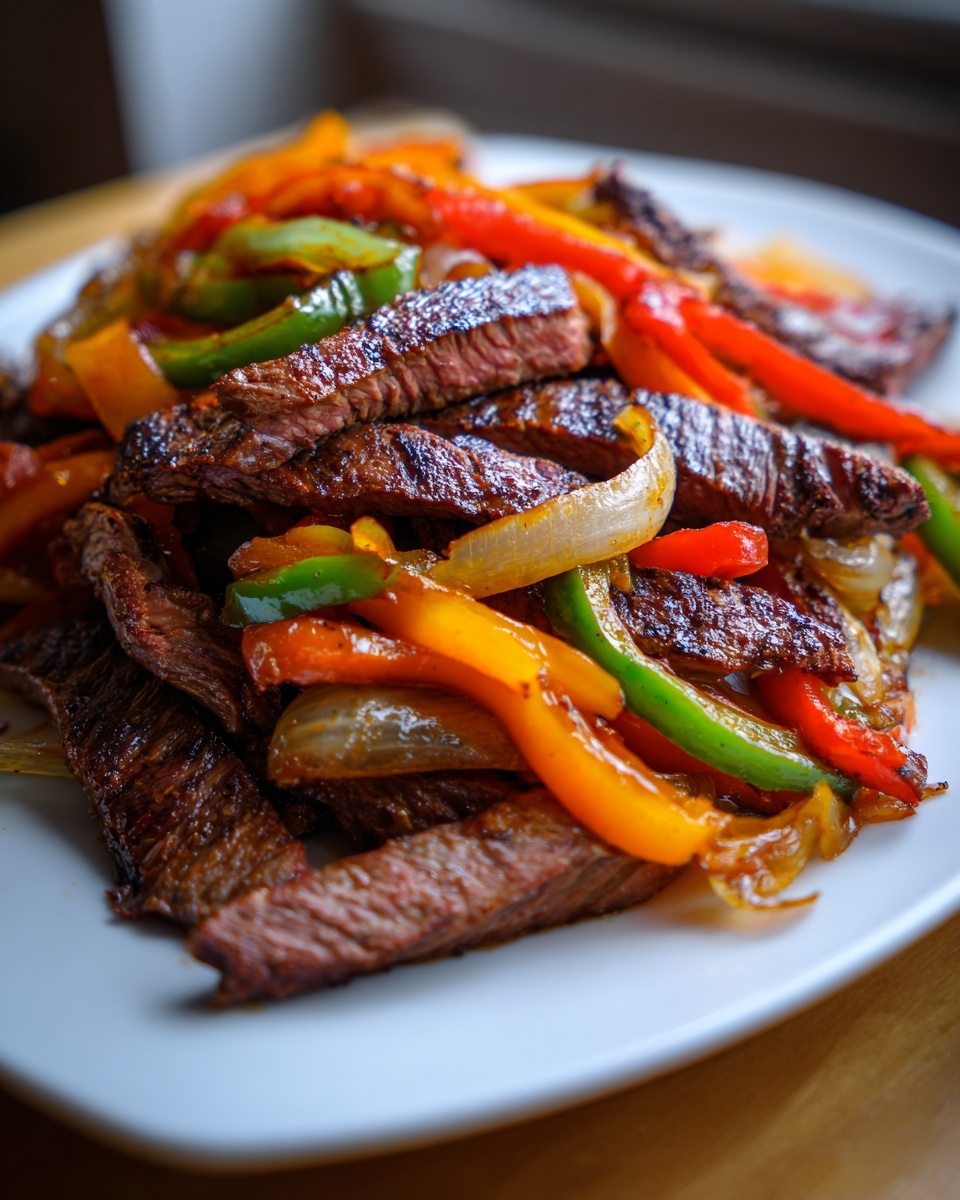 Close-up of perfectly cooked, sliced steak fajita mixed with colorful sautéed bell peppers and onions on a white plate.