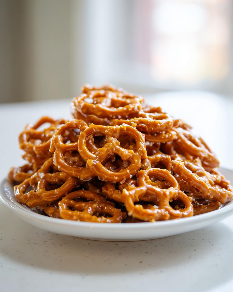 A close-up shot of a white plate piled high with shiny, glazed toffee pretzels.