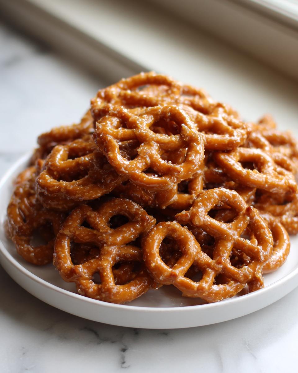 A generous pile of shiny, glazed toffee pretzels sprinkled with salt, ready to eat.