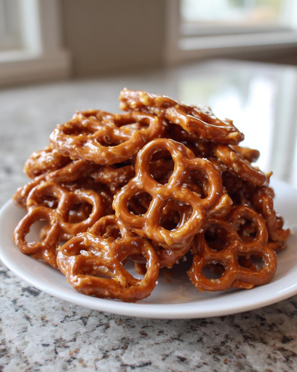 A mound of glossy, caramel-coated toffee pretzels piled high on a white plate.