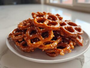 A close-up of a white plate piled high with glossy, homemade toffee pretzels sprinkled with sea salt.