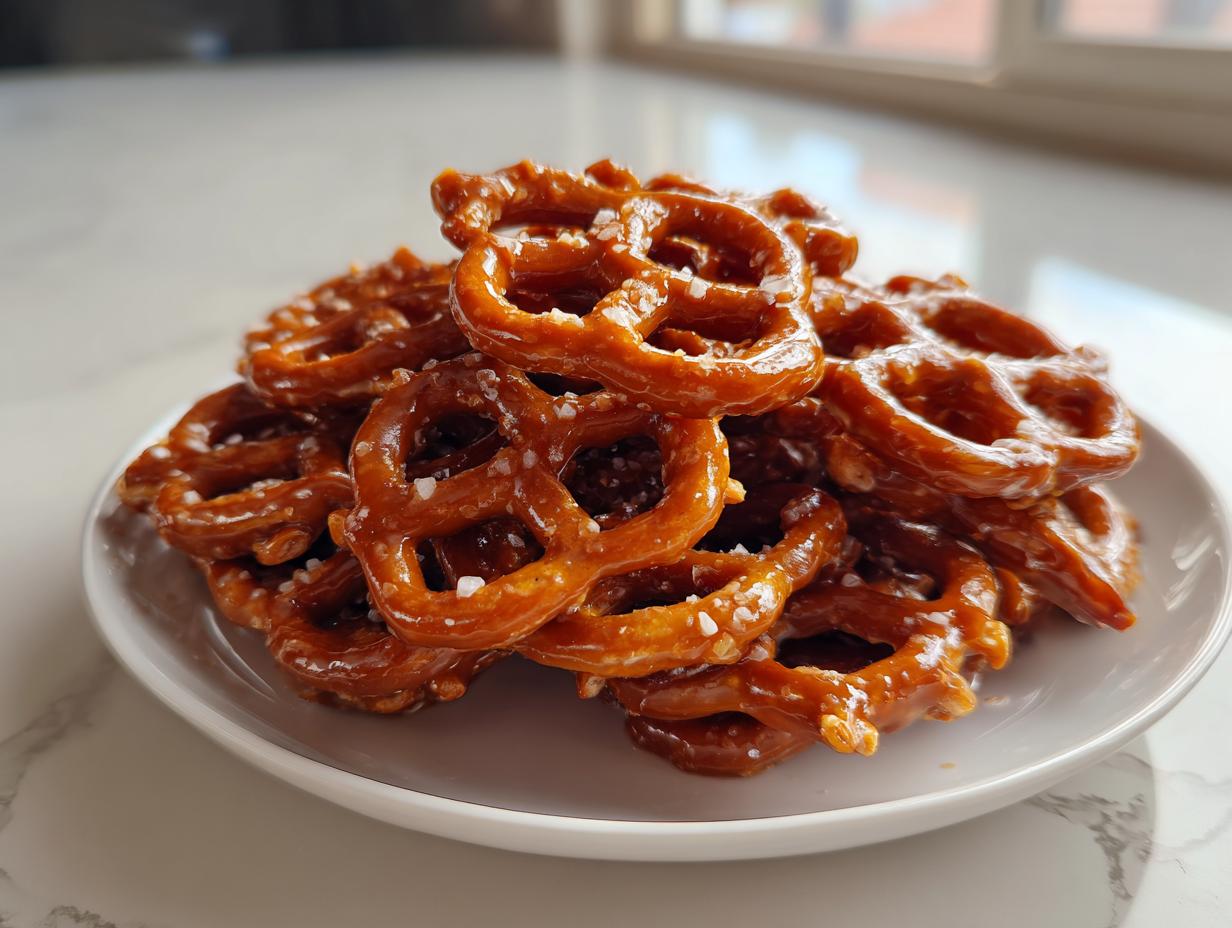A close-up of a white plate piled high with glossy, homemade toffee pretzels sprinkled with sea salt.