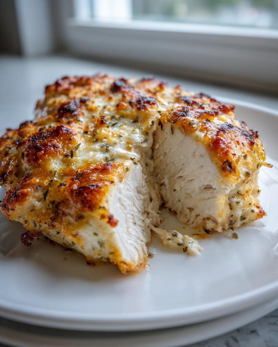 Close-up of baked ranch chicken breast cut in half, showing moist white meat and a cheesy, browned ranch topping.