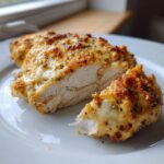 Cross-section of juicy baked ranch chicken breast showing white meat and cheesy, herby topping.