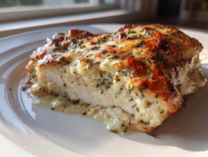 A cross-section of juicy baked ranch chicken breast topped with melted, browned cheese and herbs.