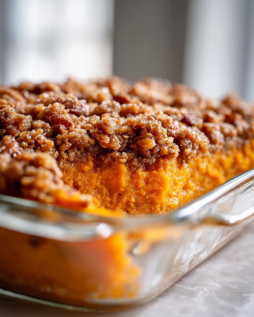 Close-up of a rich, orange sweet potato casserole topped with a crunchy pecan streusel topping in a glass dish.