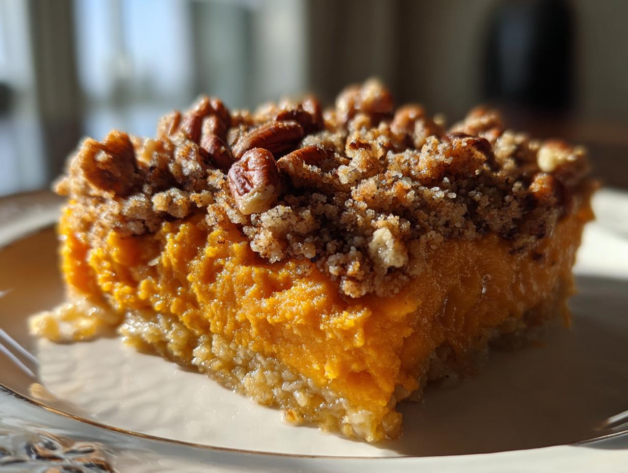 Close-up of a rich, orange slice of sweet potato casserole topped with a crunchy pecan streusel.