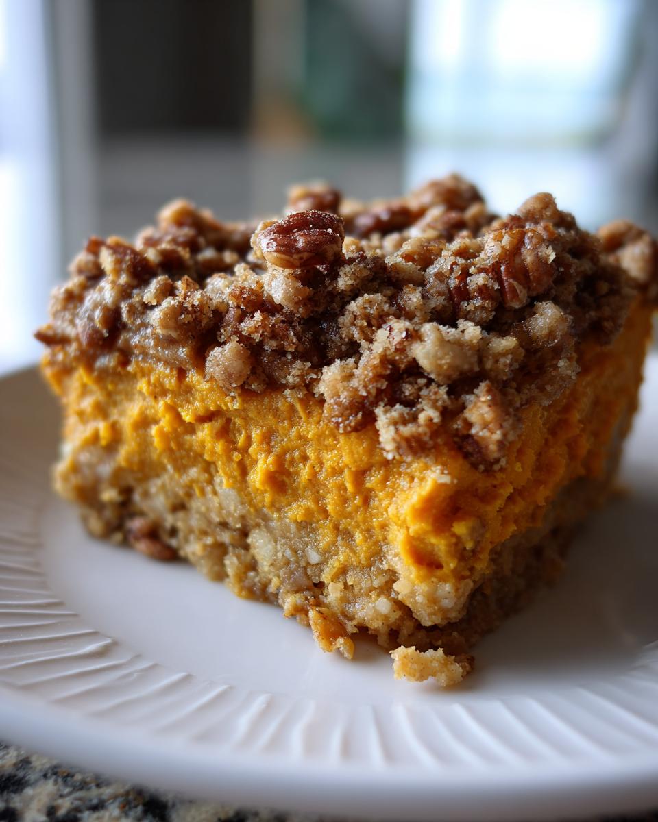 Close-up of a square slice of rich orange sweet potato casserole topped with brown sugar pecan crumble.