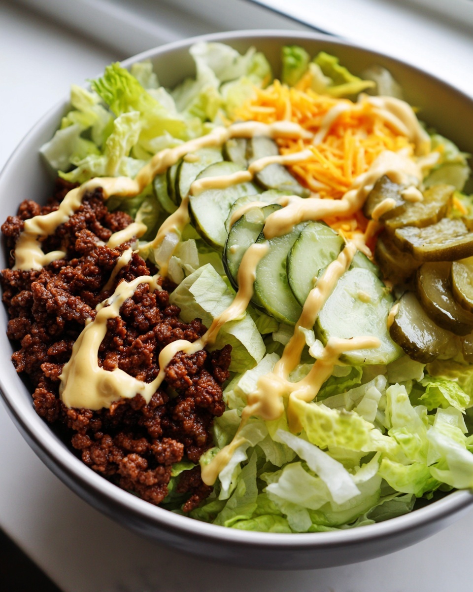 Close-up of a Big Mac Salad featuring seasoned ground beef, shredded lettuce, pickles, cheese, and special sauce.