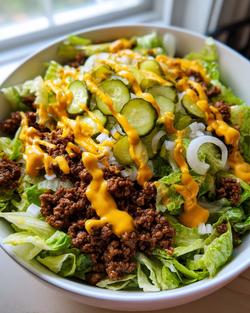 A close-up view of a Big Mac Salad featuring seasoned ground beef, lettuce, pickles, onions, and a drizzle of special sauce.