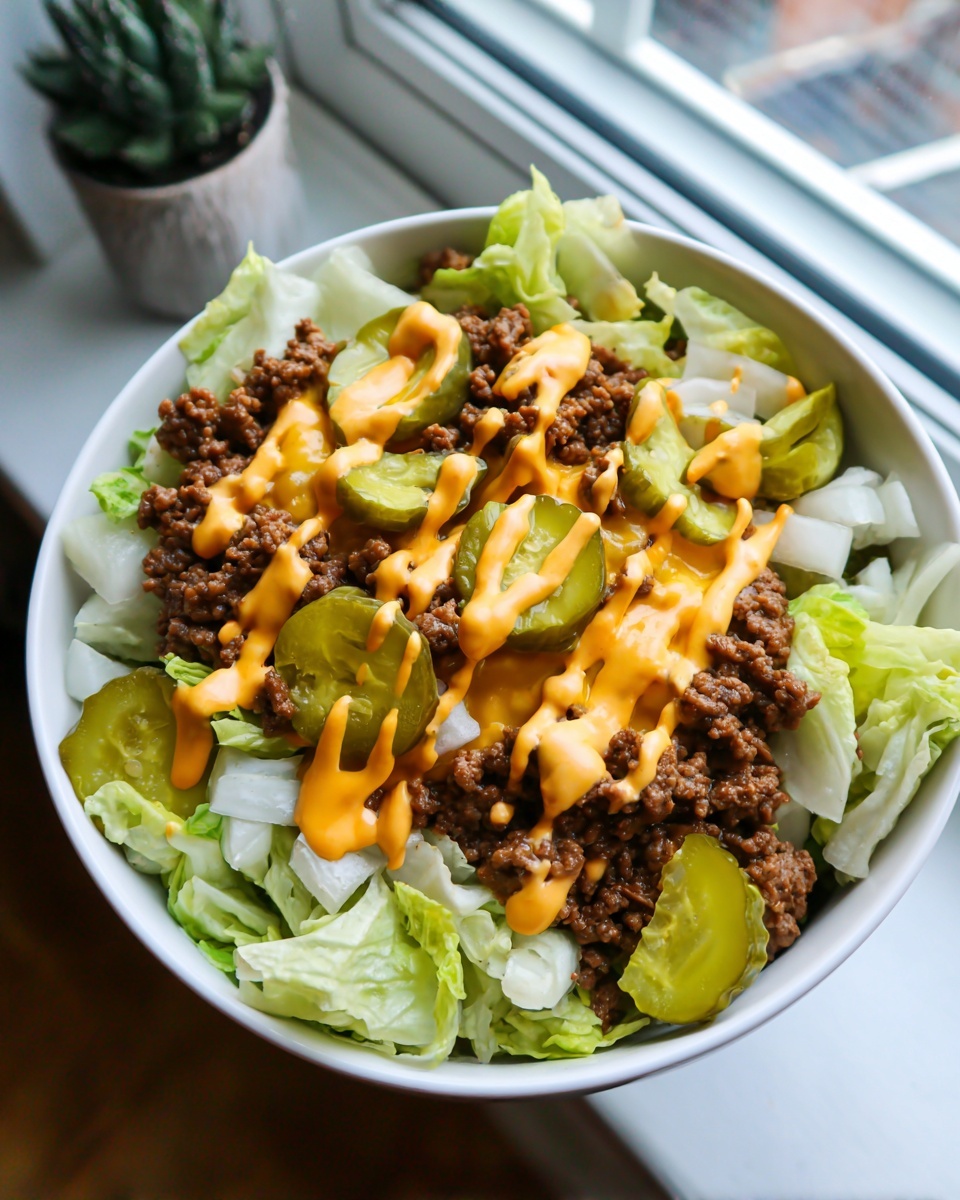 A close-up overhead view of a Big Mac Salad featuring lettuce, seasoned ground beef, pickles, and special sauce drizzle.