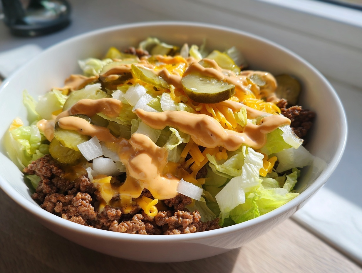 A close-up view of a Big Mac Salad featuring ground beef, lettuce, cheese, pickles, and special sauce in a white bowl.