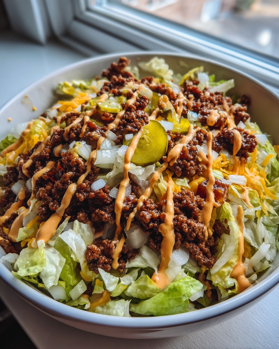 A close-up of a hearty Big Mac Salad featuring seasoned ground beef, shredded lettuce, onions, pickles, and a drizzle of special sauce.