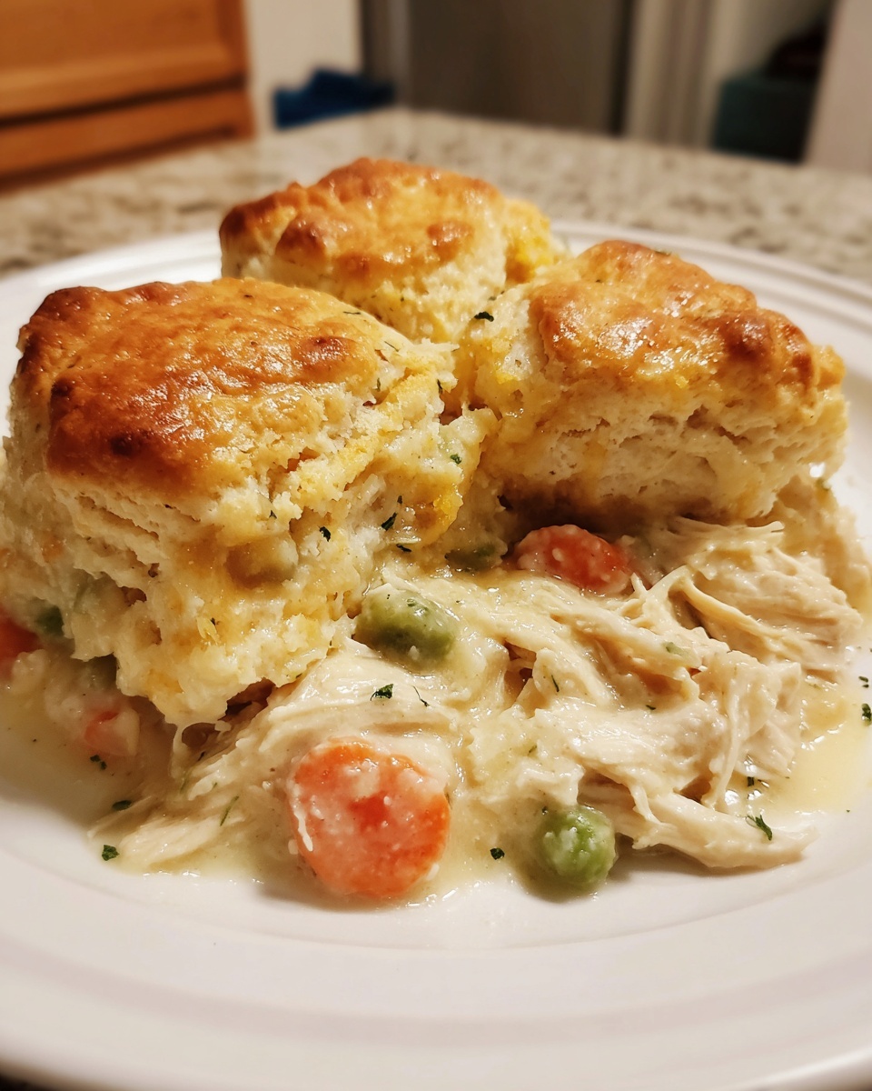Close-up of a serving of chicken pot pie topped with three golden brown biscuits.