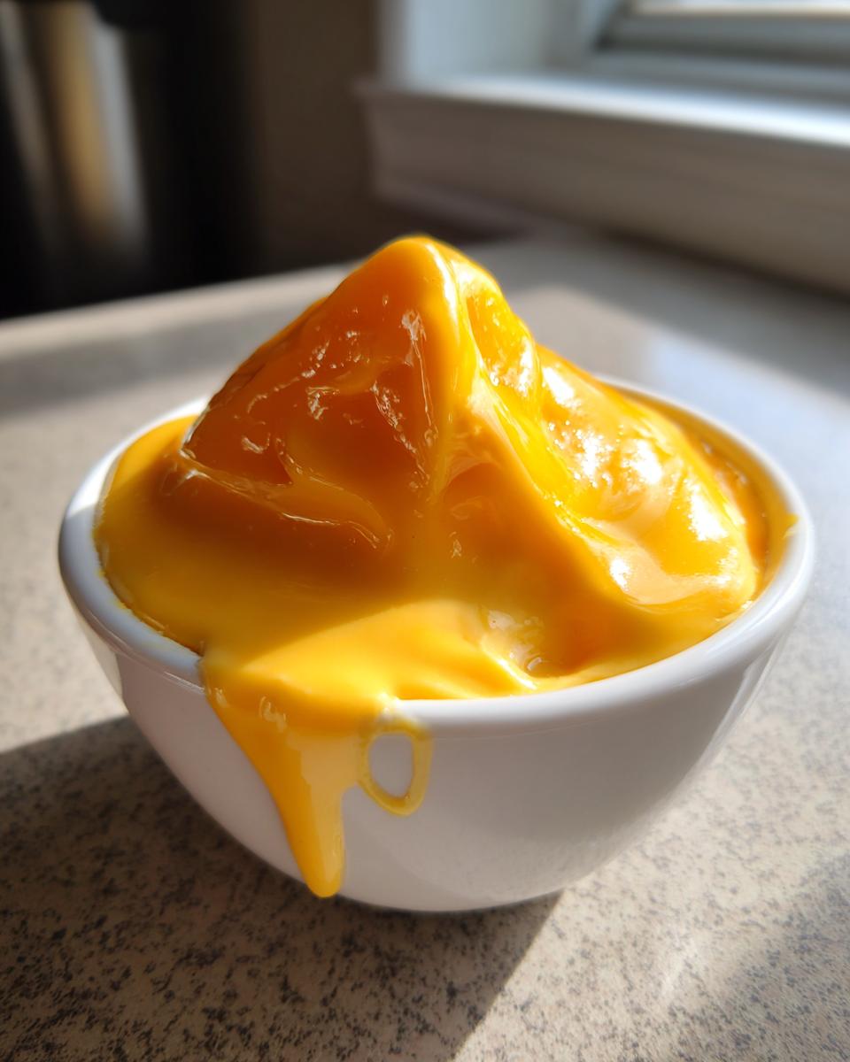 A small white bowl overflowing with thick, glossy, bright orange cheese sauce, dripping slightly down the side.