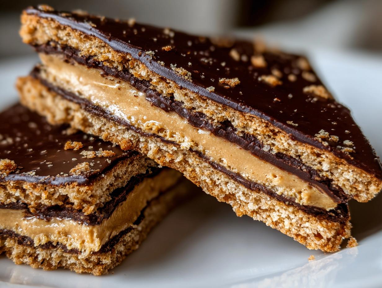 Close-up of two stacked Buckeye Graham Crackers showing graham layers, peanut butter filling, and chocolate topping.
