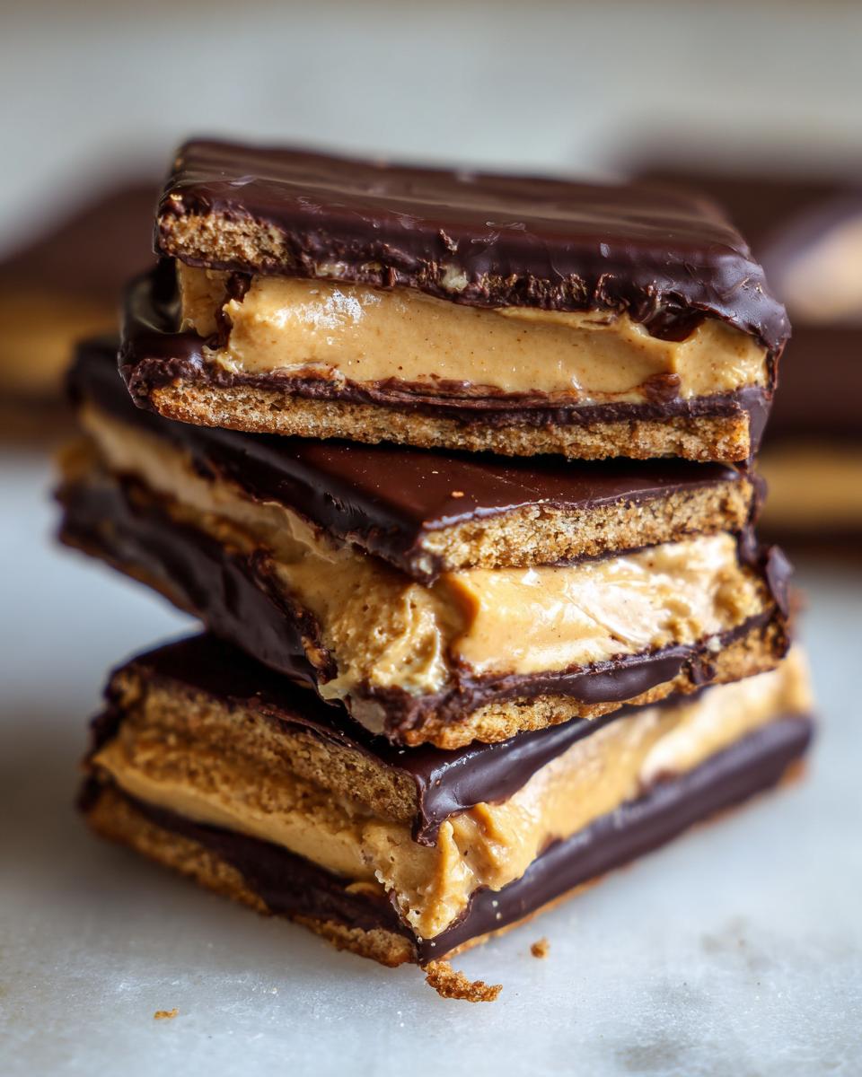 A stack of three homemade buckeye graham crackers layered with peanut butter filling and chocolate coating.