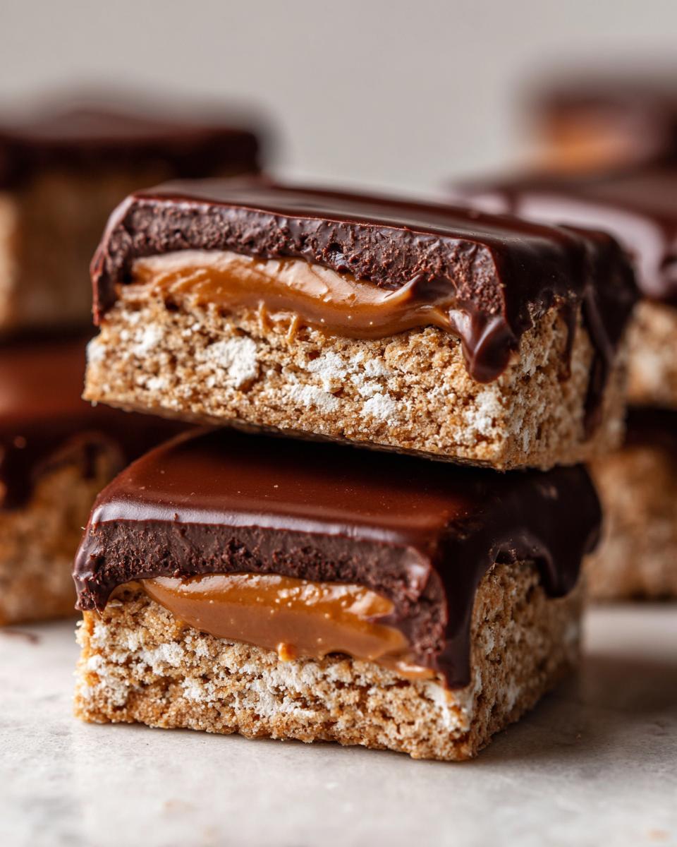 Two stacked squares of buckeye graham crackers bars featuring a crumbly base, caramel filling, and thick chocolate topping.